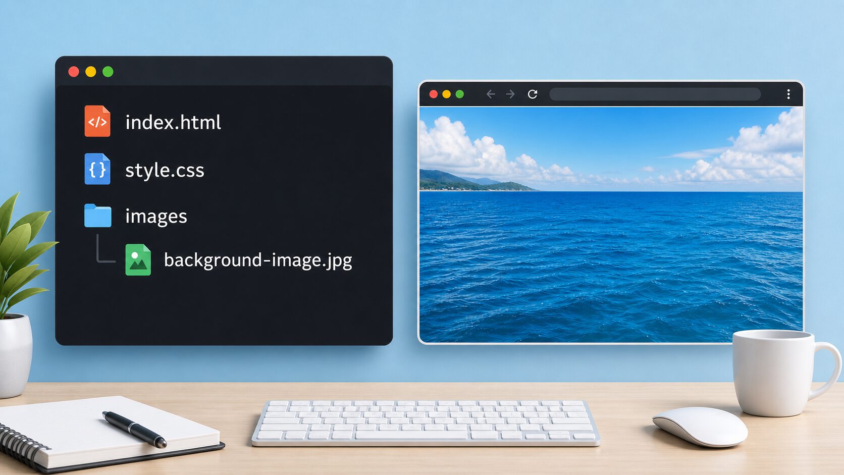 index.html、style.css、imagesフォルダと背景画像のファイル構成