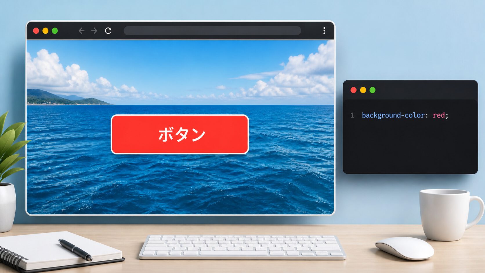 海の背景画像上に赤い背景色のボタンを表示した変更前の状態