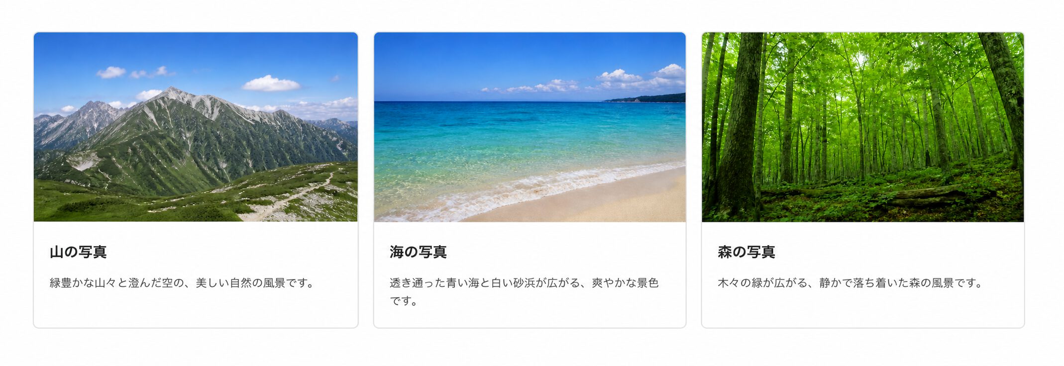 山、海、森の画像と説明文を組み合わせた3枚のカードを横並びにした表示