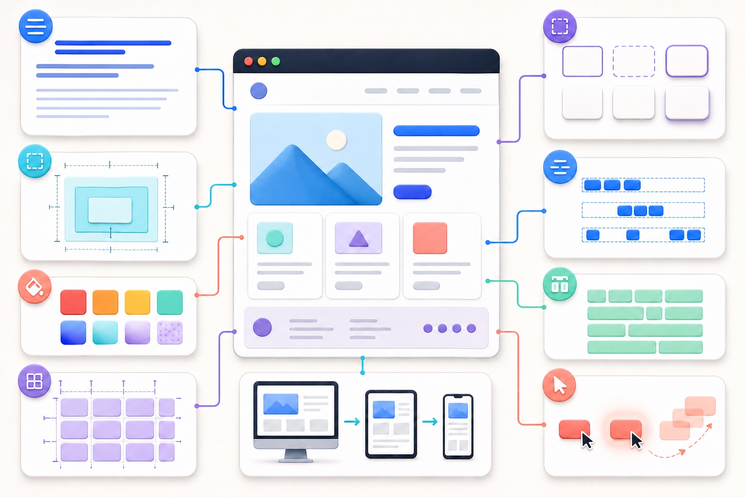 CSSの文字、ボックス、色、枠線、Flexbox、Grid、レスポンシブ、操作の8カテゴリーを示した図