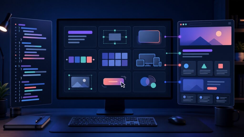文字、余白、枠線、レイアウト、画像、レスポンシブ、動きのCSS機能を一覧化した制作画面