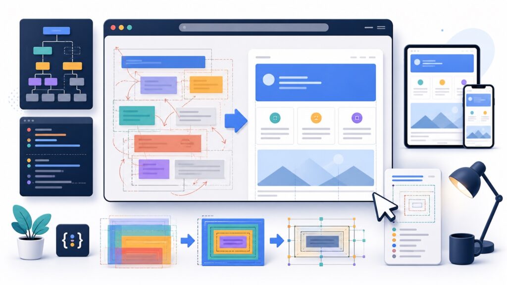 複雑に見えるCSSレイアウトを整理してレスポンシブなWebページへ直すイメージ