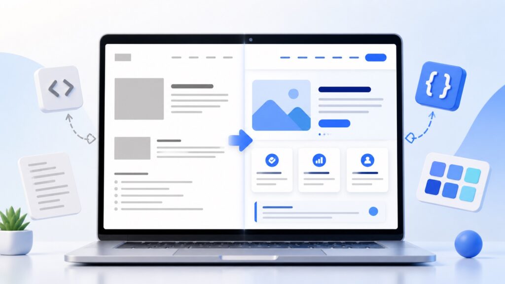 HTMLだけのページをCSSで見やすくデザインした状態へ変えるイメージ
