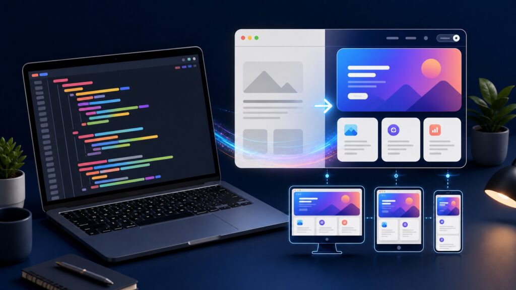 CSSによってシンプルなWebページが装飾とレスポンシブ対応を備えたデザインへ変わるイメージ