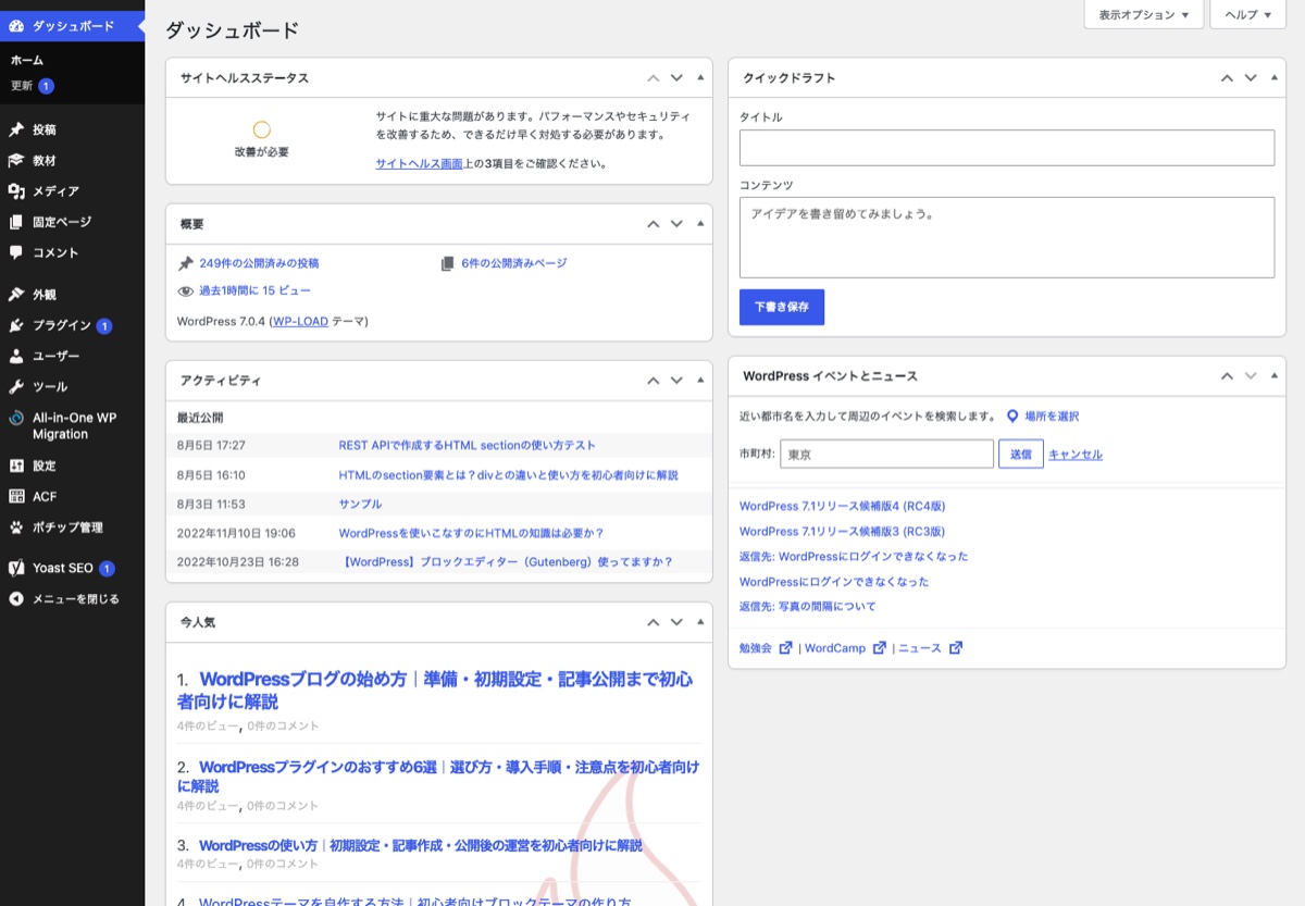WordPressへログインした後のダッシュボード