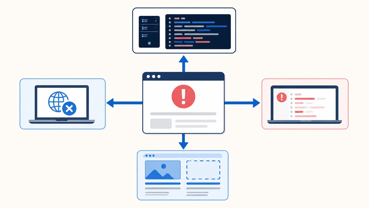 WordPressの不具合をPHPログ、Console、Network、Elementsへ切り分ける図