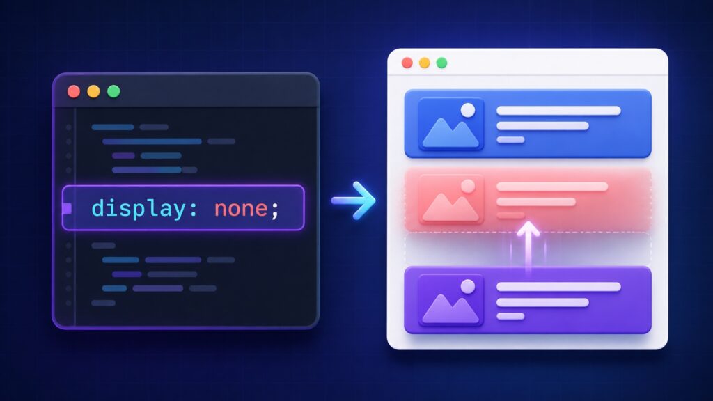 CSSのdisplay noneで中央の要素を非表示にし下の要素が詰まるイメージ