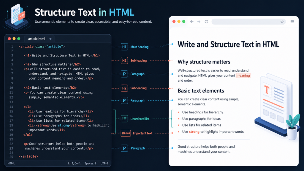 HTMLタグで見出し、段落、強調、箇条書きを構造化しブラウザへ表示するアイキャッチ画像