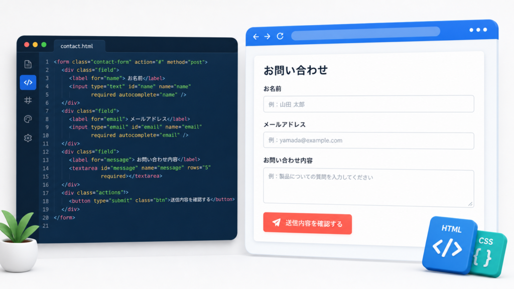 日本語のお問い合わせフォームと対応するHTMLコードを並べたアイキャッチ画像