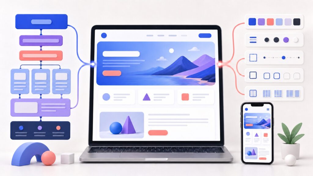 HTMLのページ構造とCSSの色・余白・レイアウト設定を組み合わせたWebページ