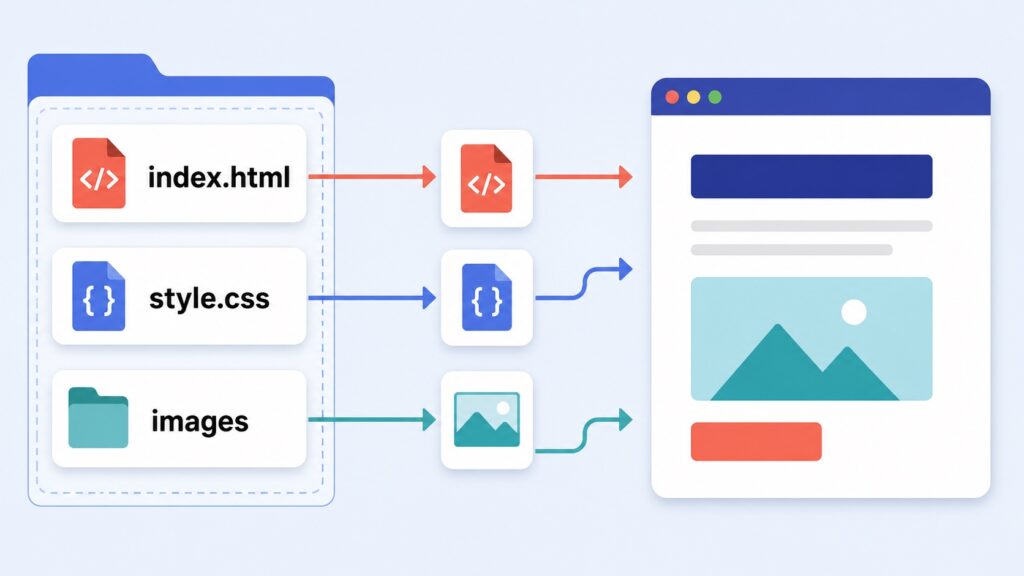 index.html、style.css、imagesフォルダとブラウザ表示の関係を示した図