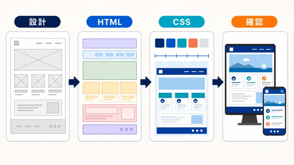 設計、HTML、CSS、パソコンとスマートフォンでの確認を順に示した図