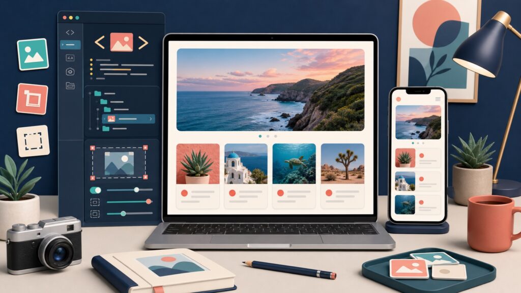 HTMLとCSSで写真を配置しパソコンとスマートフォンのWebページへ表示する制作画面
