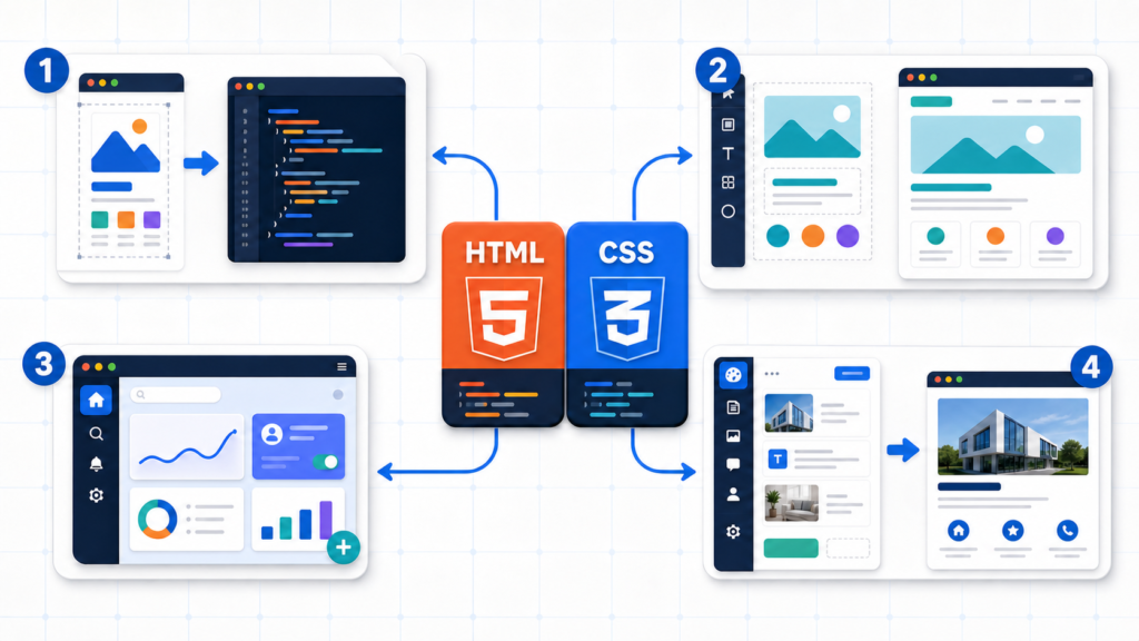 HTMLとCSSを中心にWebコーダー、Webデザイナー、フロントエンド開発、サイト更新へ広がる4つの仕事の図