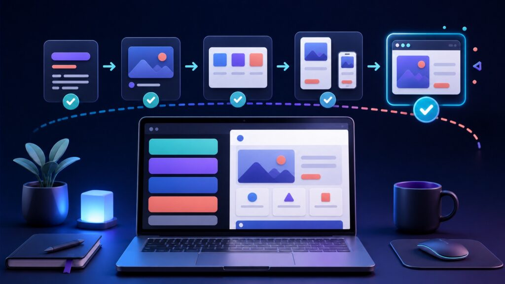 HTMLとCSSの基礎からレスポンシブなWebページ完成まで練習を重ねるイメージ