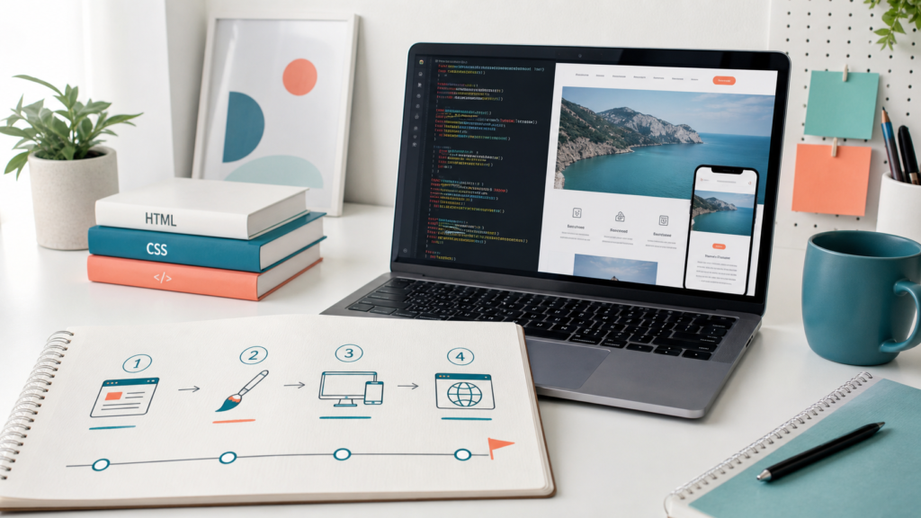 HTMLとCSSを学習してレスポンシブサイトを公開する様子