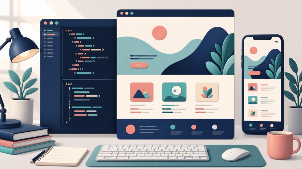 コードエディタでHTMLとCSSを書きパソコンとスマートフォンのWebページを確認する画面