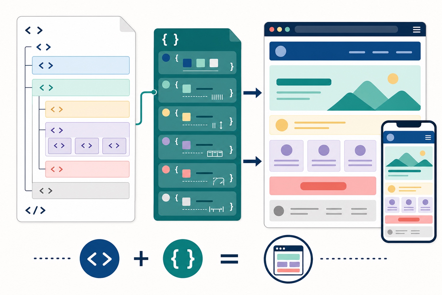HTML文書と外部CSSを組み合わせてパソコンとスマートフォンのWebページを表示する流れ