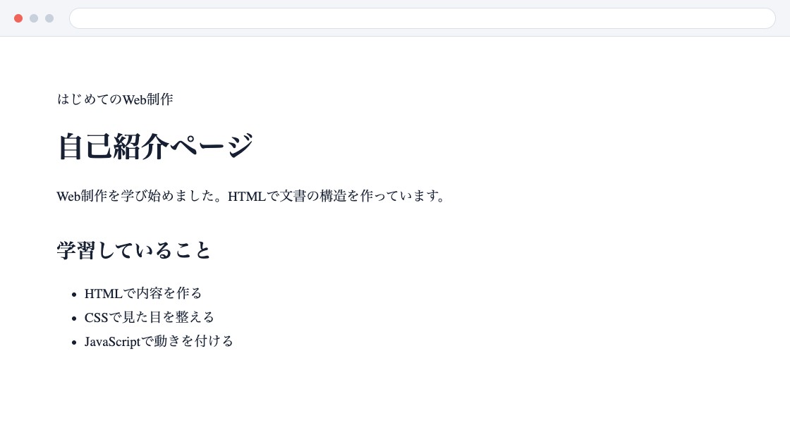 見出し、文章、リストをHTMLで構造化してブラウザに表示した結果