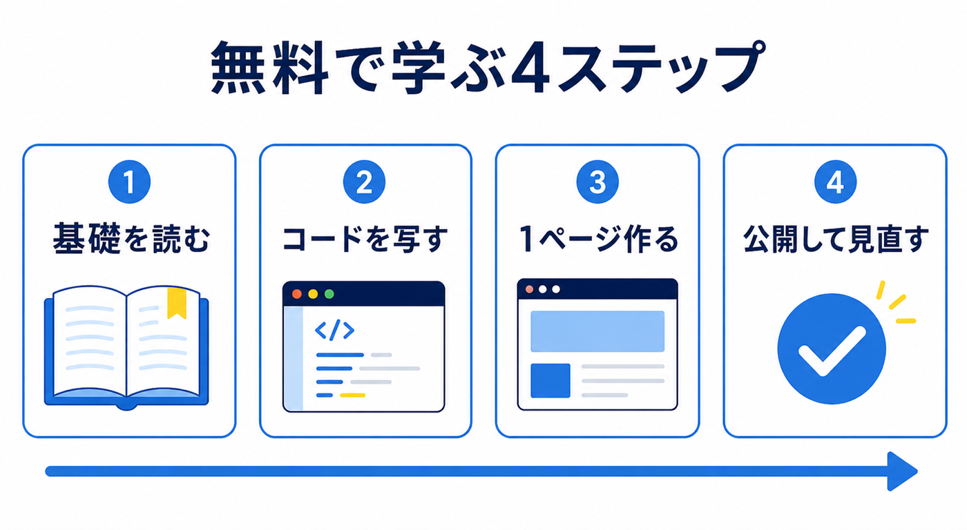 基礎を読みコードを写し1ページ作って見直すHTML無料学習ロードマップ