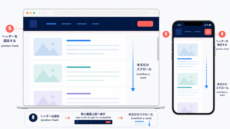 HTML・CSSでヘッダーを固定する方法｜fixed・stickyの違いと重なり対策