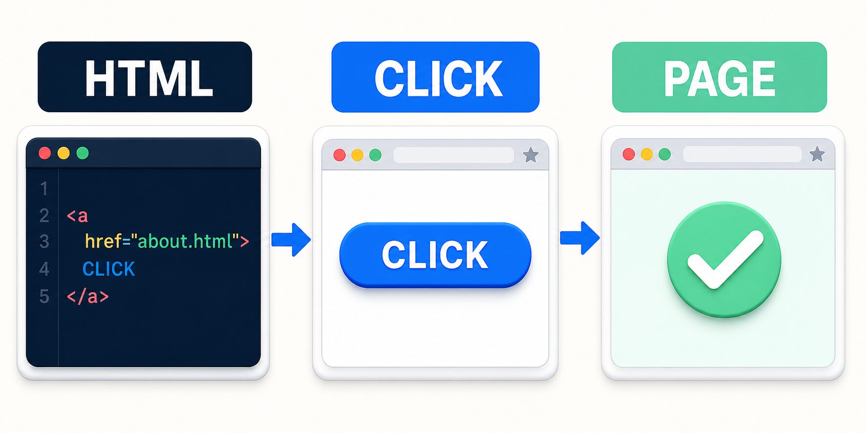a要素のHTMLがリンクボタンとして表示され、クリックすると指定ページへ移動する流れ