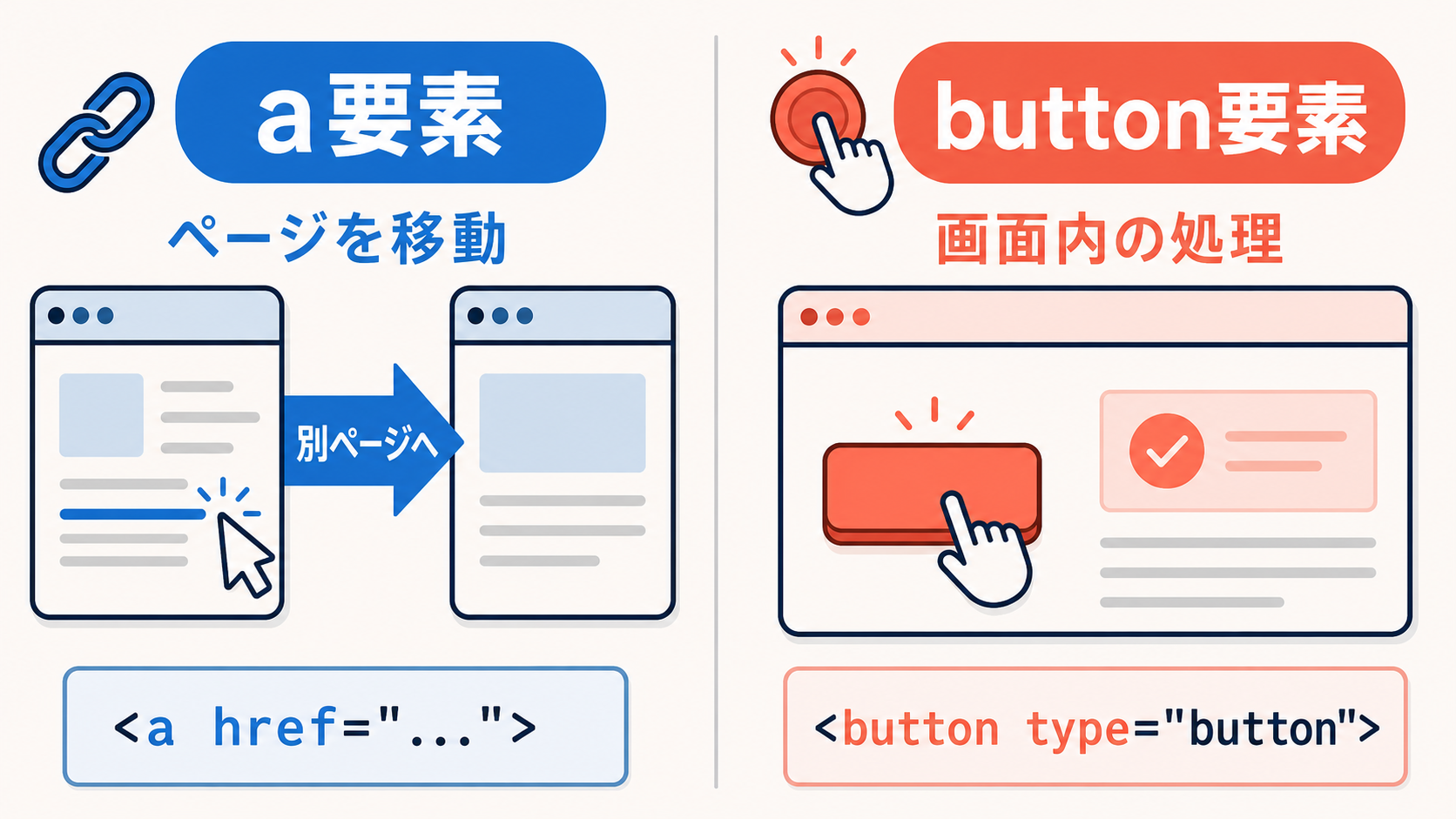 別ページへ移動するa要素と画面内で処理するbutton要素の日本語比較図