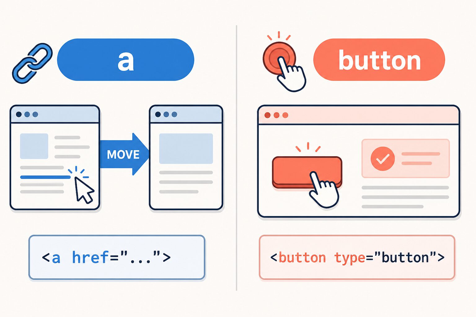 ページ移動に使うa要素と画面内の処理に使うbutton要素の比較