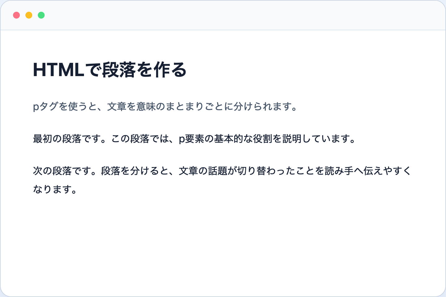 pタグで文章を3つの段落に分けた基本の表示例
