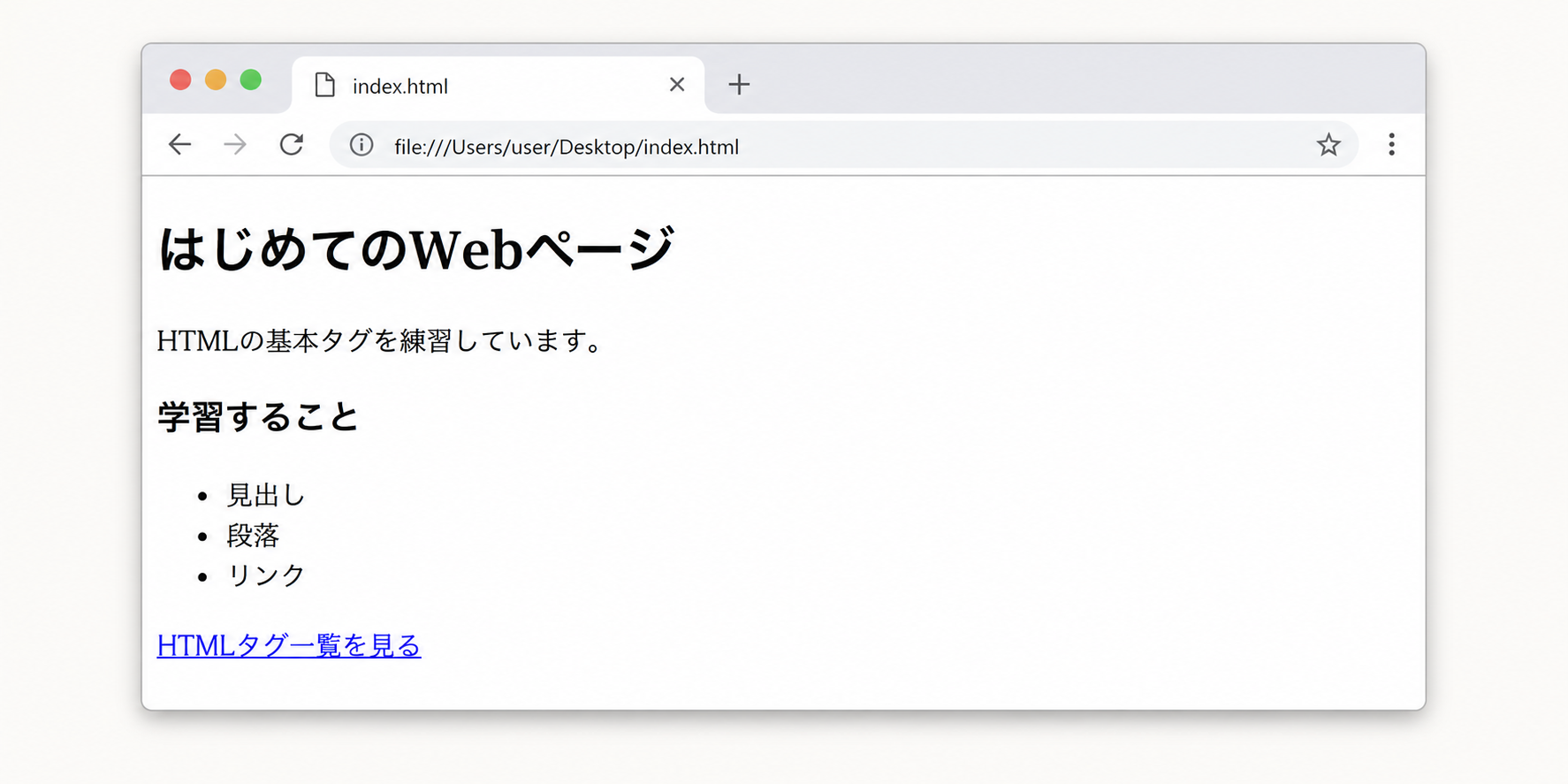 h1、p、h2、ul、li、aタグを使ったWebページのブラウザ表示