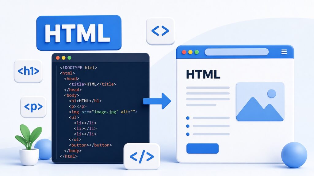 HTMLタグからWebページが作られる流れを表したイメージ