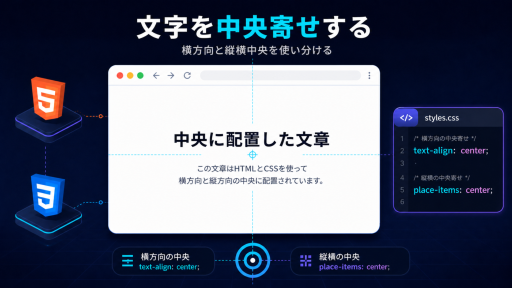 文字を横方向と縦横の中央へ配置する日本語のアイキャッチ画像