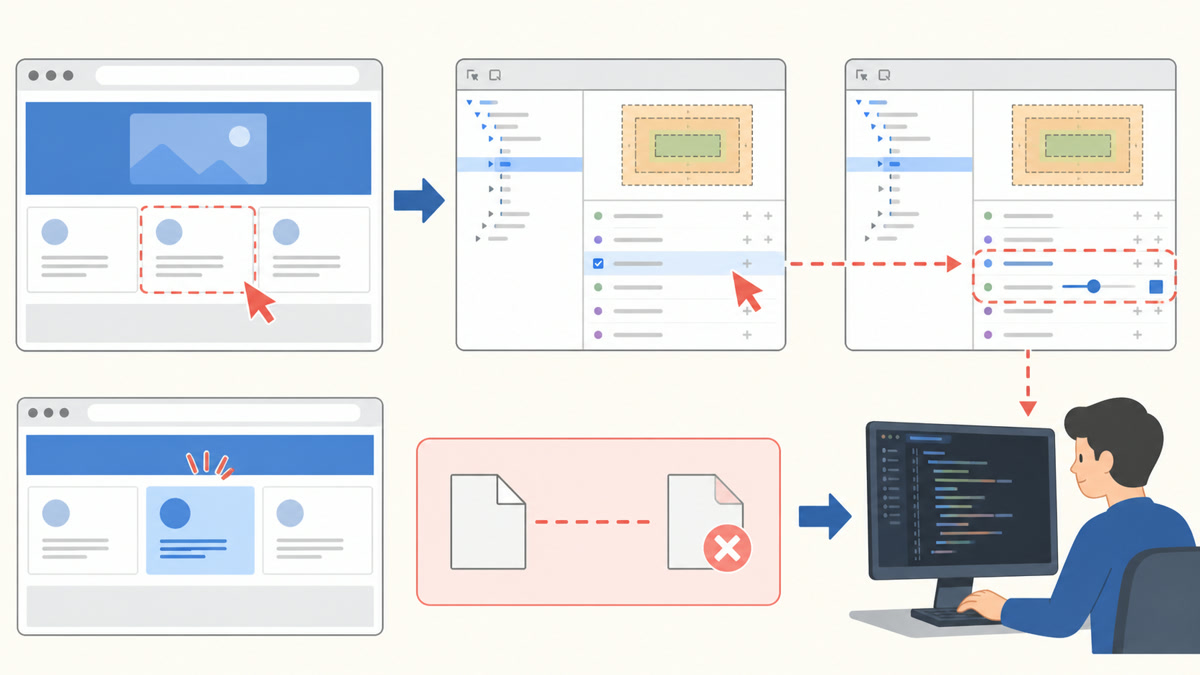 「ElementsでHTMLとCSSを確認する」で行う操作の流れを示す図