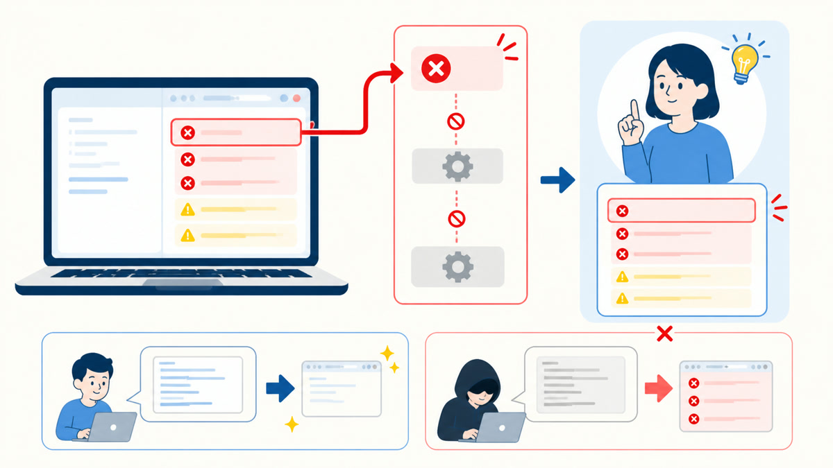 「ConsoleでJavaScriptのエラーを確認する」で行う操作の流れを示す図