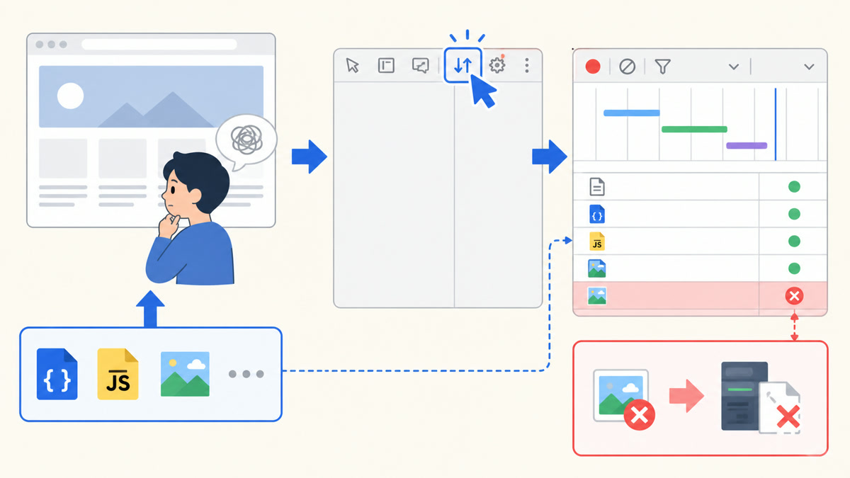 「Networkで読み込み失敗を確認する」で行う操作の流れを示す図