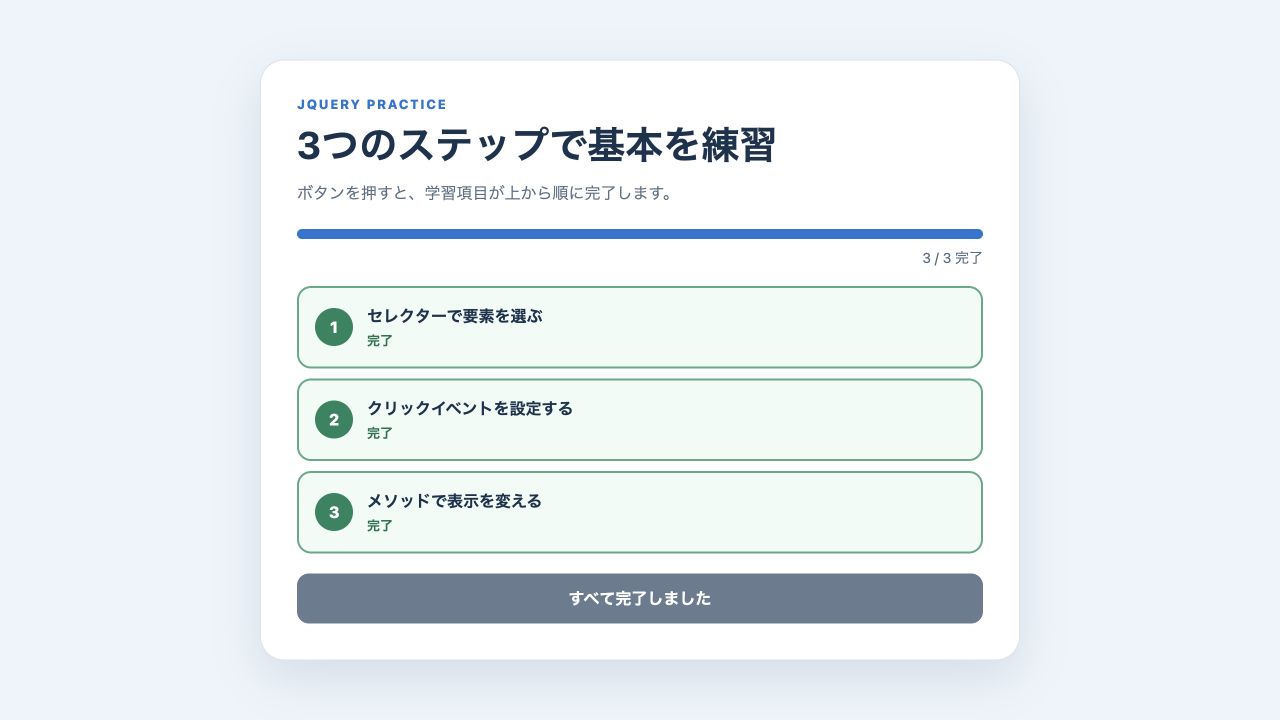 3項目が完了し進捗が100パーセントになったjQuery学習ステップ画面