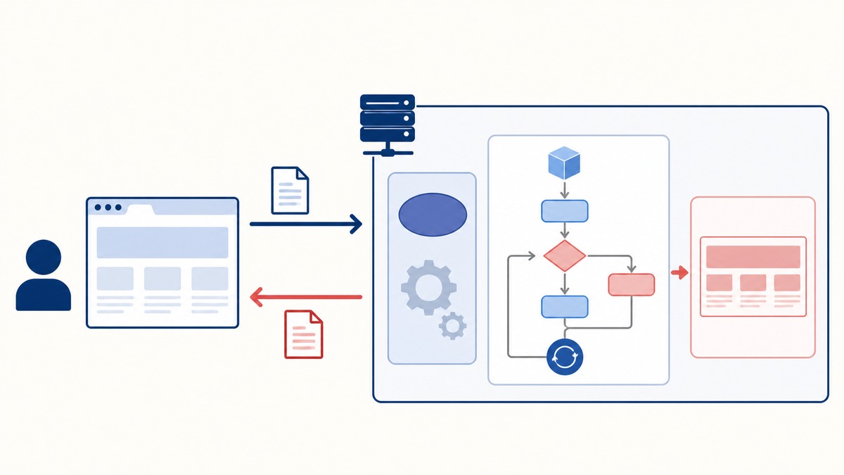 Webサーバー内のPHPがデータを処理して完成したHTMLをブラウザへ返す流れ