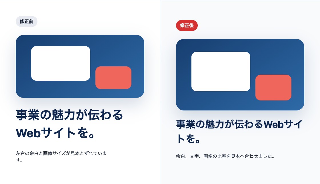LPの余白、文字、画像比率を修正する前と修正した後の比較
