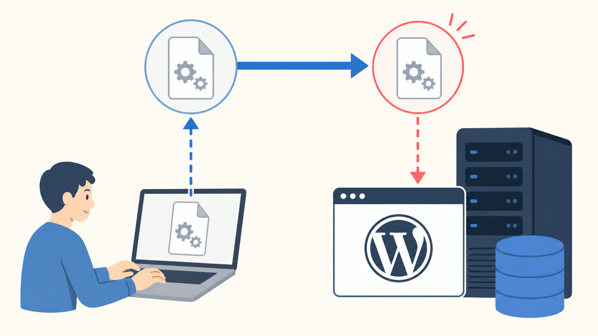 「wp-config.phpを本番へ合わせる」の仕組みや関係を示す図