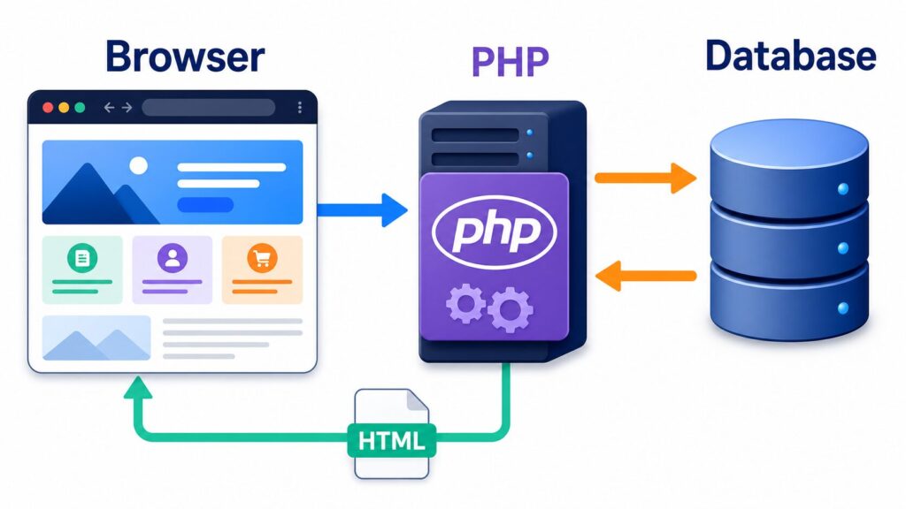 ブラウザからの要求をPHPが処理し、データベースの情報からHTMLを返す流れ