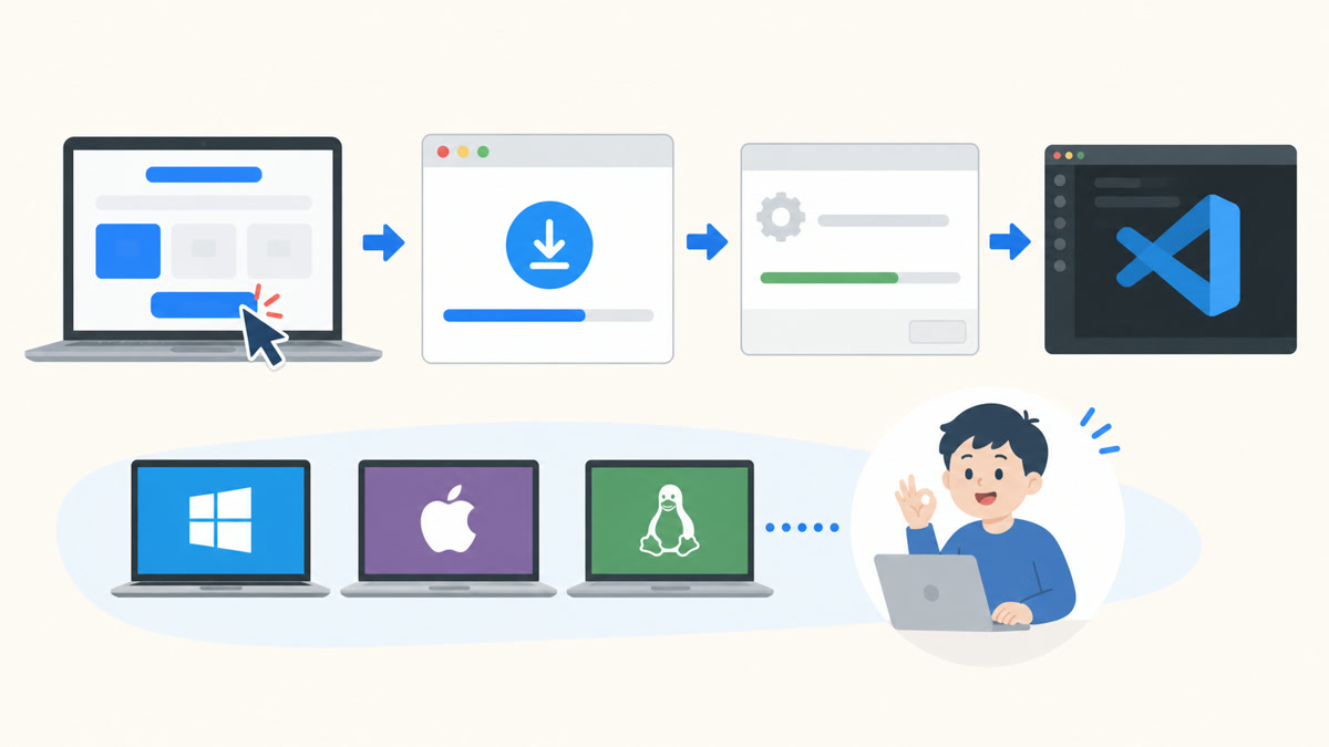 「Visual Studio Codeをインストールする」で行う操作の流れを示す図