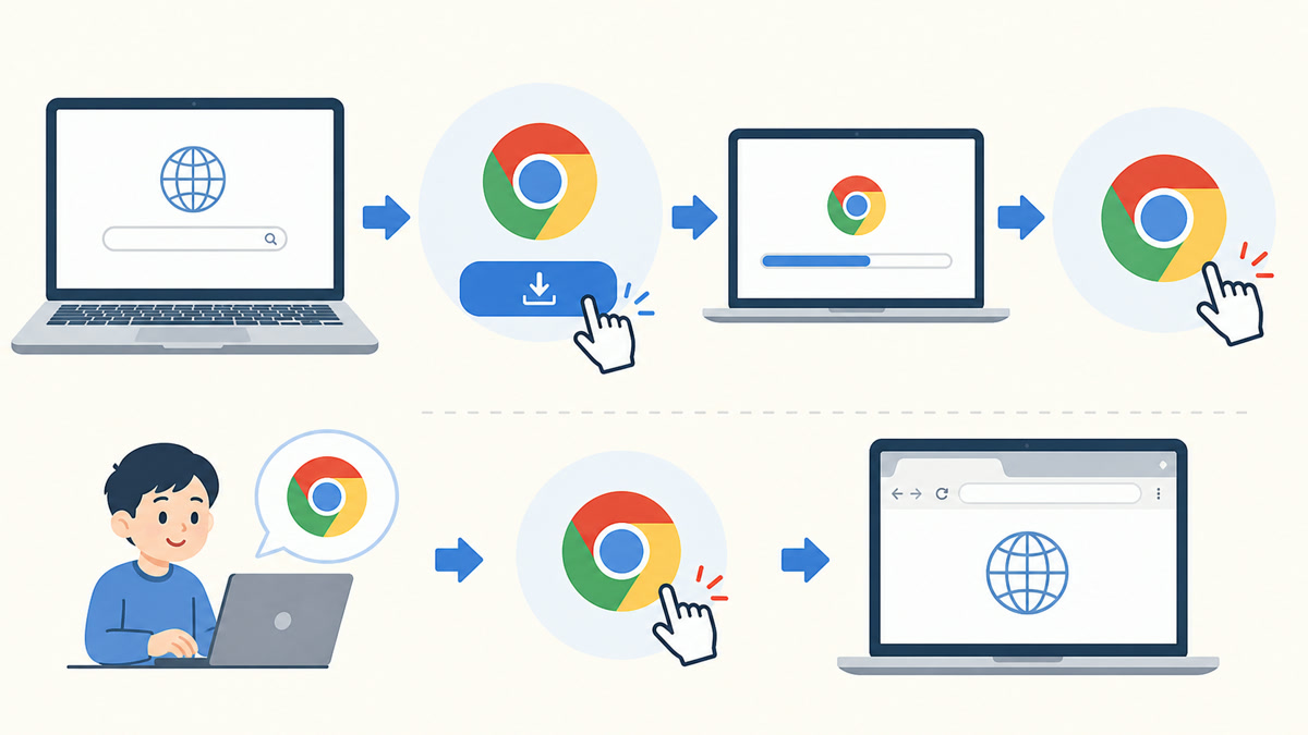 「Google Chromeをインストールする」で行う操作の流れを示す図