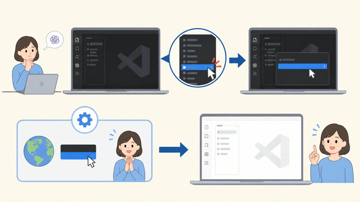 「Visual Studio Codeを日本語で表示する」で行う操作の流れを示す図