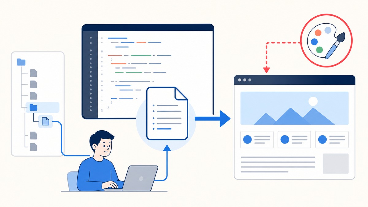 「style.cssへテーマ情報を書く」の仕組みや関係を示す図