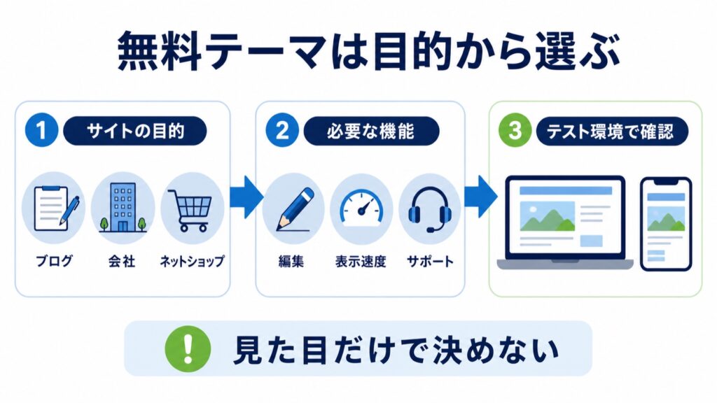 サイトの目的、必要な機能、テスト環境の順にWordPress無料テーマを選ぶ流れ