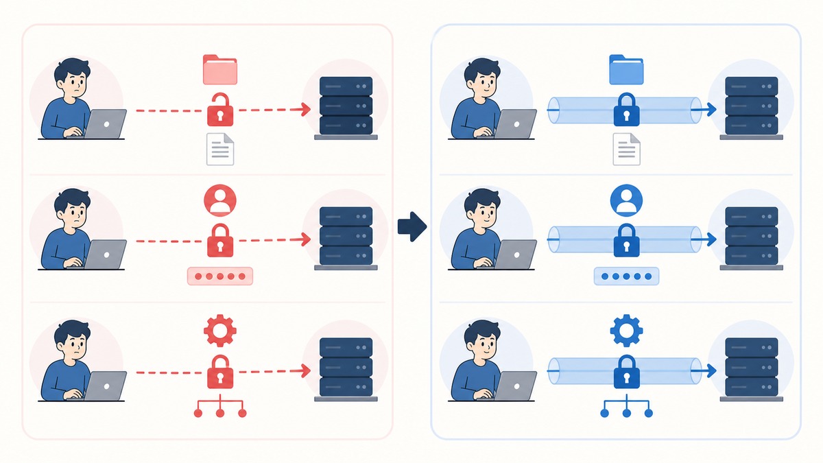「FTP・FTPS・SFTPの違いを確認する」で押さえる違いを左右で比較した図