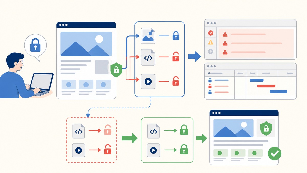 「HTTPSとMixed Contentを確認する」の仕組みや関係を示す図