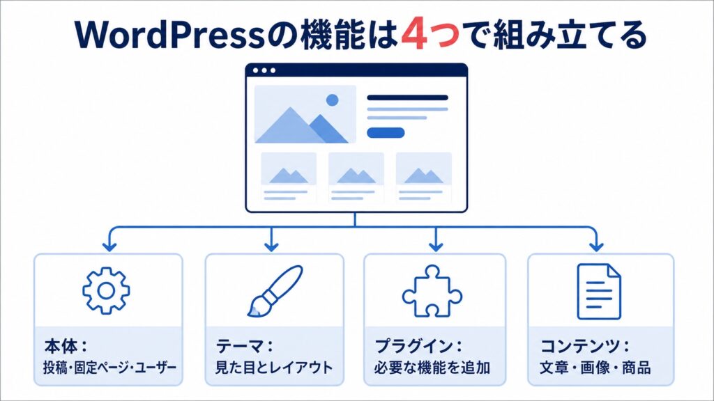 WordPress本体・テーマ・プラグイン・コンテンツでWebサイトを組み立てる図