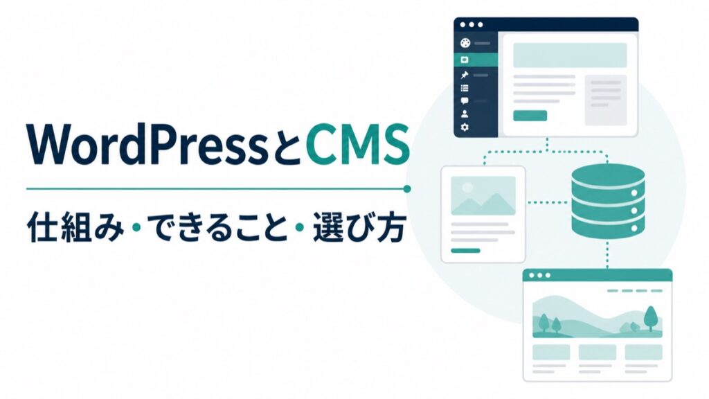 WordPressとCMSの仕組み、できること、選び方を表すアイキャッチ